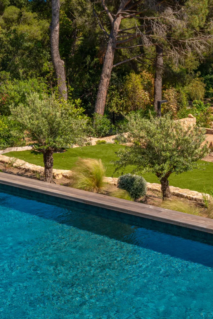 Piscine chauffée de l'Hôtel Villa Padulaccia bordée d'oliviers et de massifs du jardin