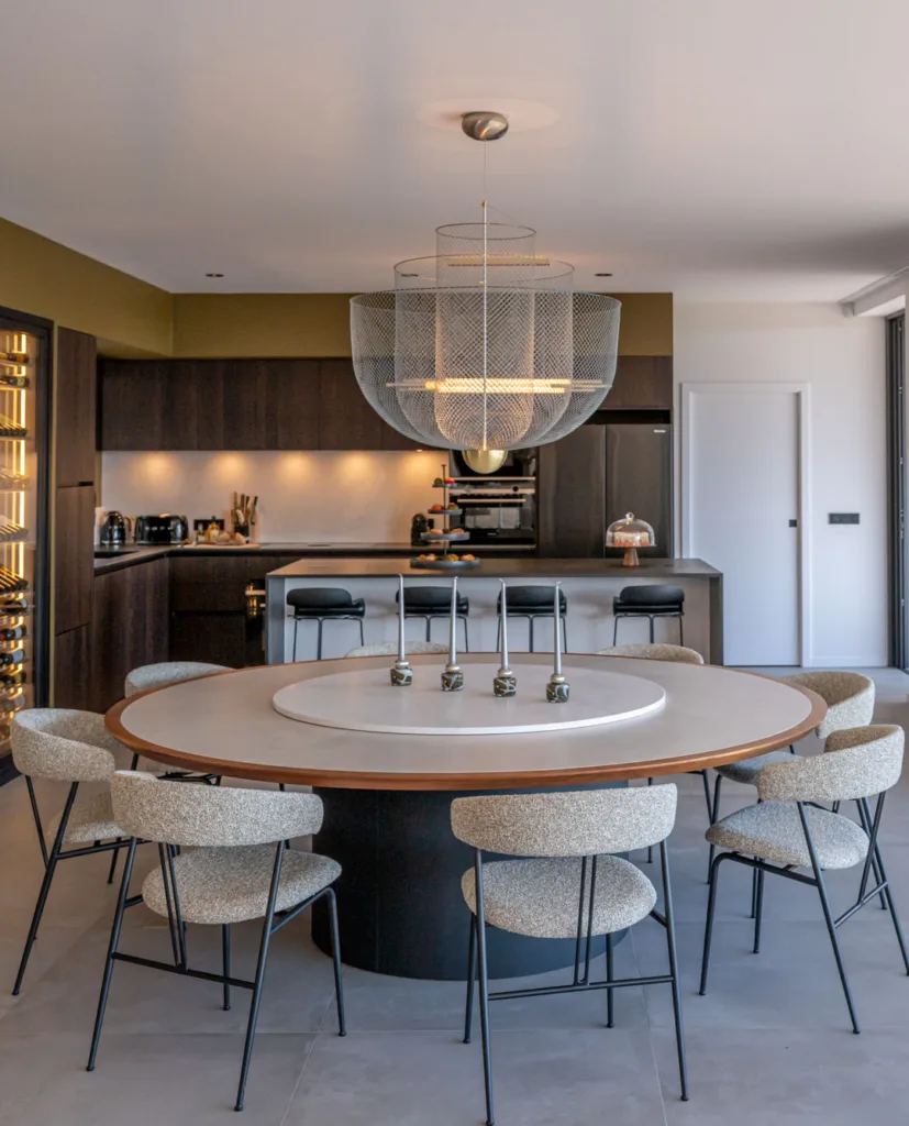 Grande table ronde et chaises en tissu bouclé devant l'îlot de la cuisine de l'Hôtel Villa Padulaccia