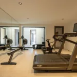 Salle de sport de l'Hôtel Villa Padulaccia avec tapis de course, rameur et vélo devant des miroirs