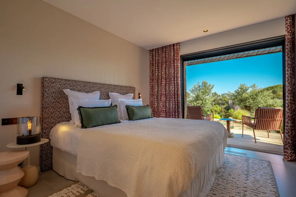 Chambre Belle Demoiselle de l'Hôtel Villa Padulaccia, grand lit et baie ouverte sur la terrasse